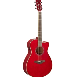 Yamaha FS-TARR FS TransAcoustic; concert-size body with cutaway; solid spruce top, mahogany back and sides,
onboard reverb and chorus effects and nato neck with rosewood fingerboard; Ruby Red